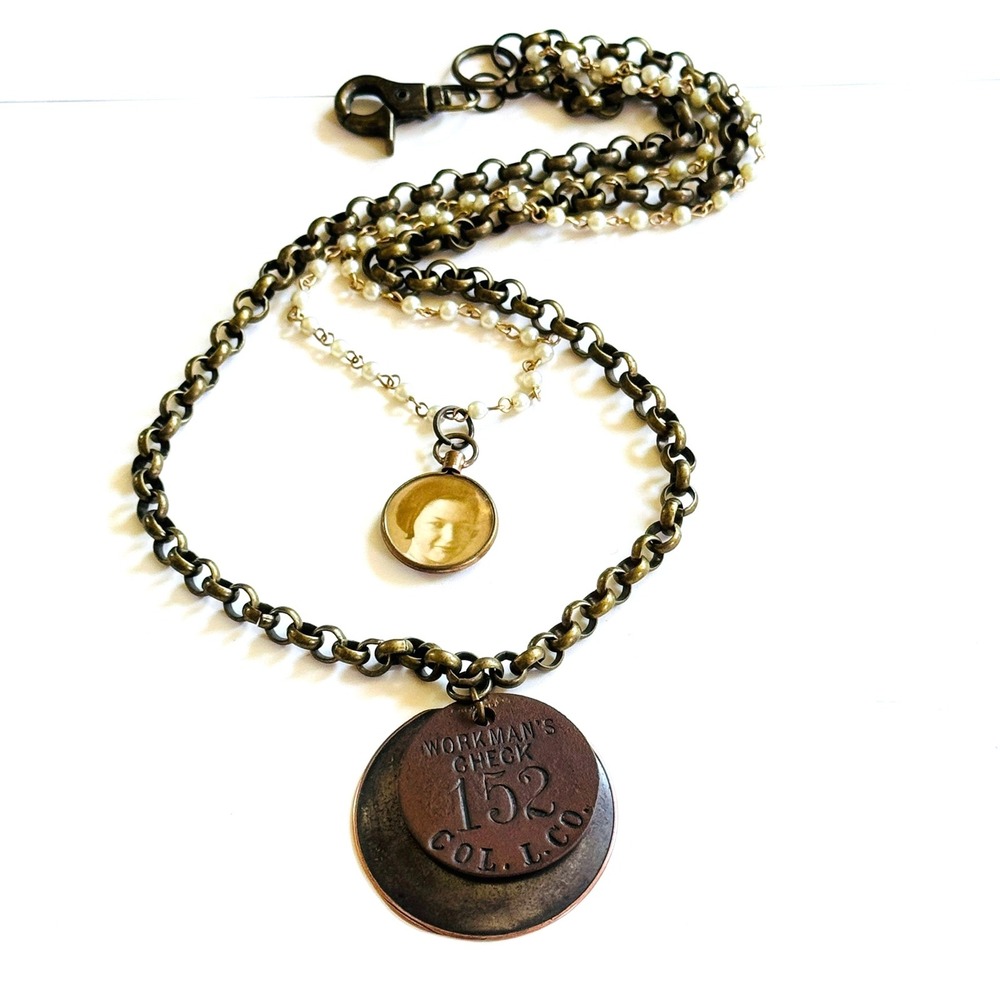 Workman's Check Col. L. Co. medal Pearl necklace upcycled Steampunk multi 20"